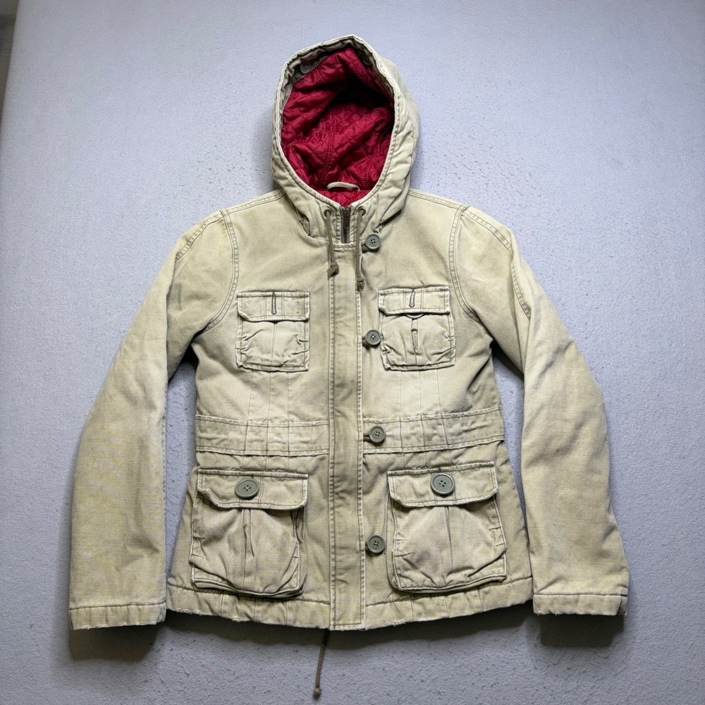 Abercrombie & Fitch Utility Jacket Womens M Khaki Y2K Quilted‎ Hooded Field Coat